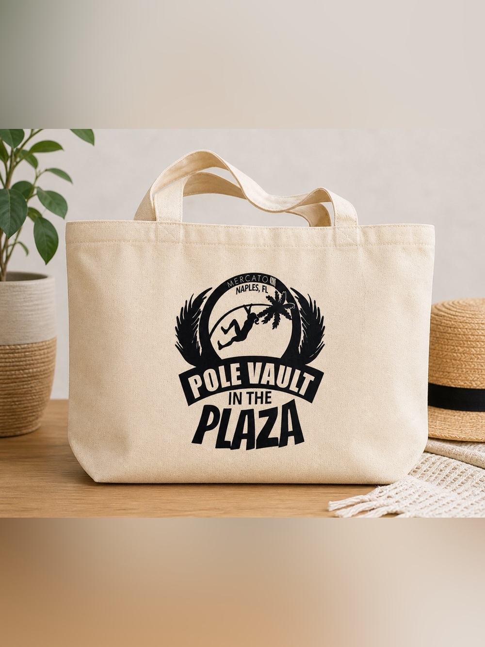 Mercato Naples FL Pole Vault Plaza Canvas Tote Bag Natural Beige Shopper